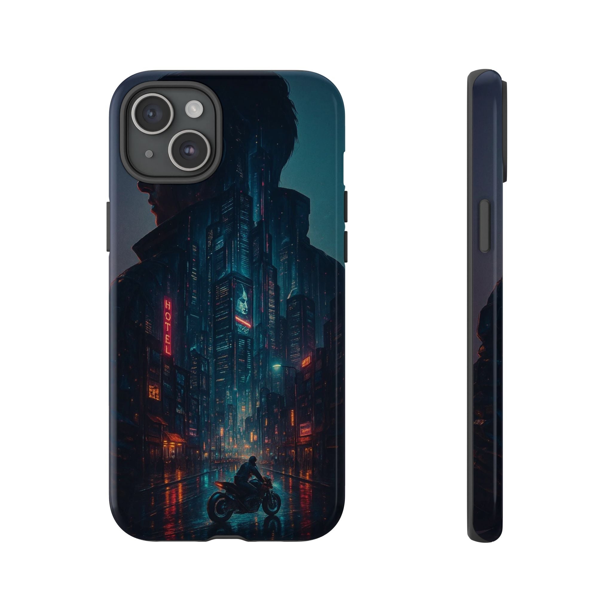 CyberCity Rider Phone Case – Neon Biker in Futuristic City for iPhone, Samsung & Google Pixel | Shockproof & Ultra-Sleek Protection Printify