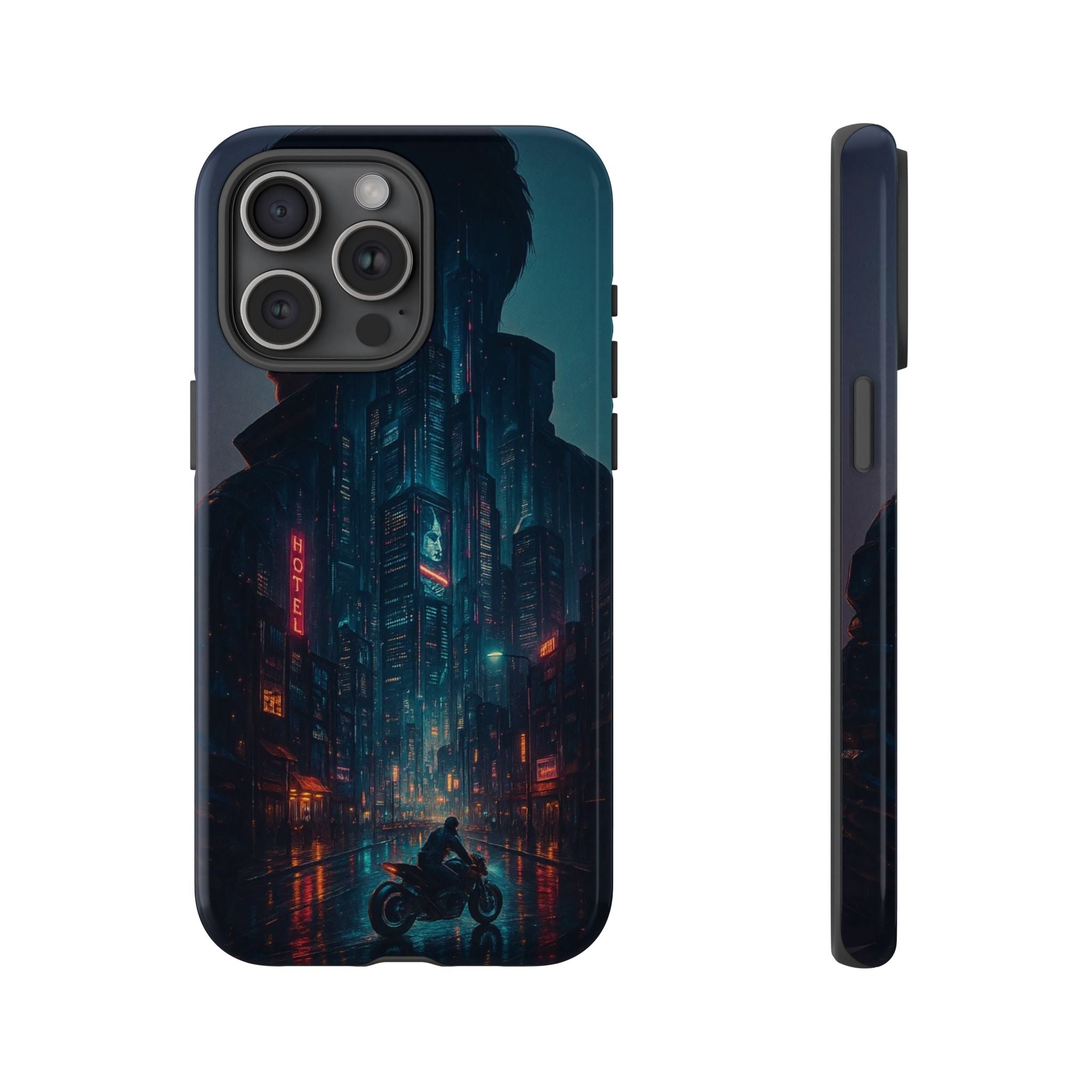 CyberCity Rider Phone Case – Neon Biker in Futuristic City for iPhone, Samsung & Google Pixel | Shockproof & Ultra-Sleek Protection Printify