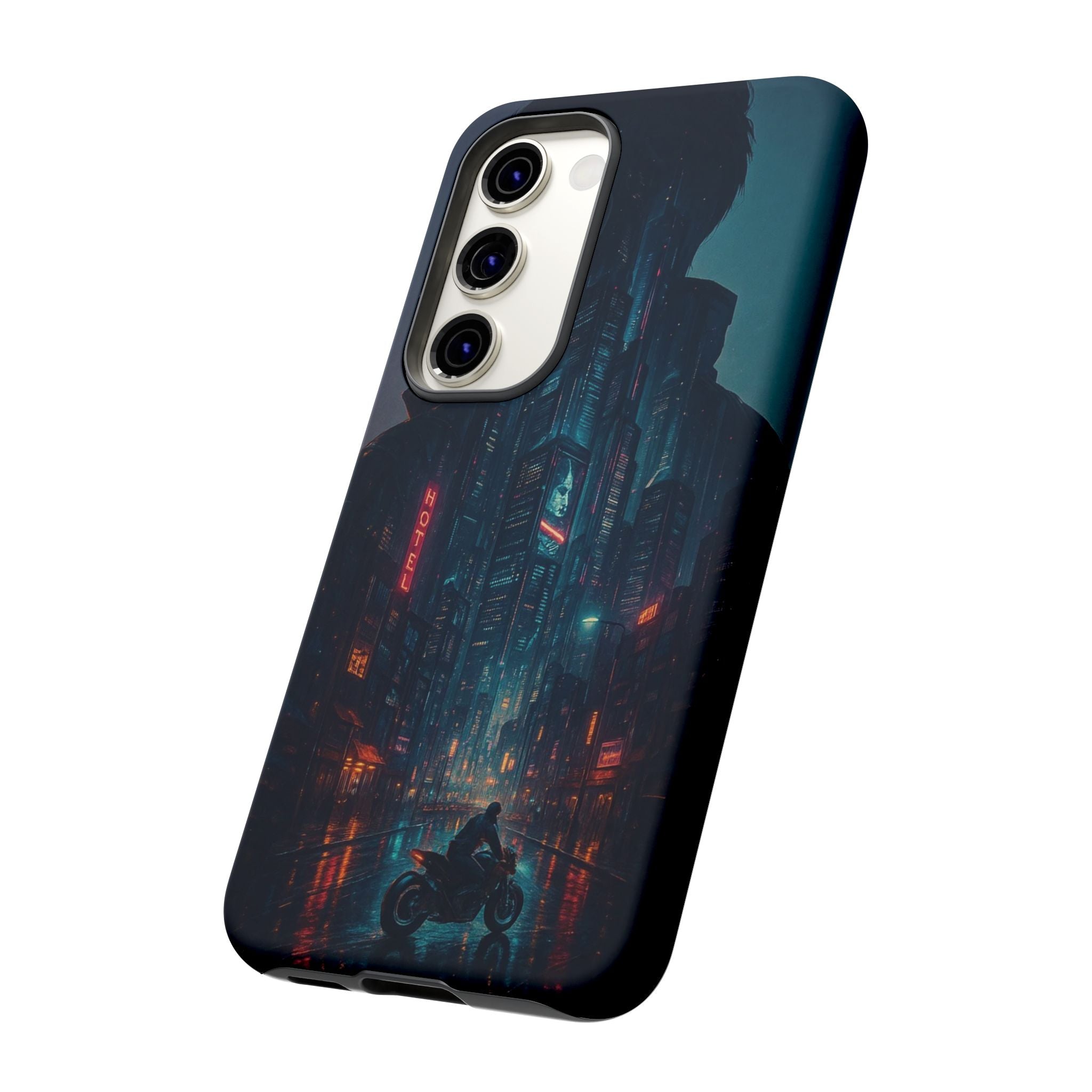 CyberCity Rider Phone Case – Neon Biker in Futuristic City for iPhone, Samsung & Google Pixel | Shockproof & Ultra-Sleek Protection Printify