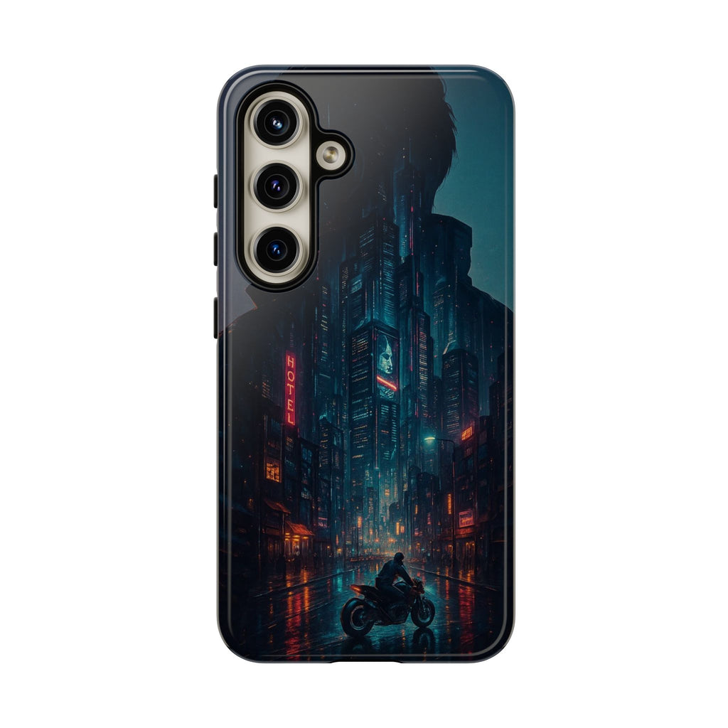 CyberCity Rider Phone Case – Neon Biker in Futuristic City for iPhone, Samsung & Google Pixel | Shockproof & Ultra-Sleek Protection Printify