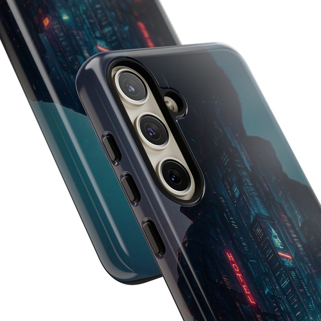 CyberCity Rider Phone Case – Neon Biker in Futuristic City for iPhone, Samsung & Google Pixel | Shockproof & Ultra-Sleek Protection Printify