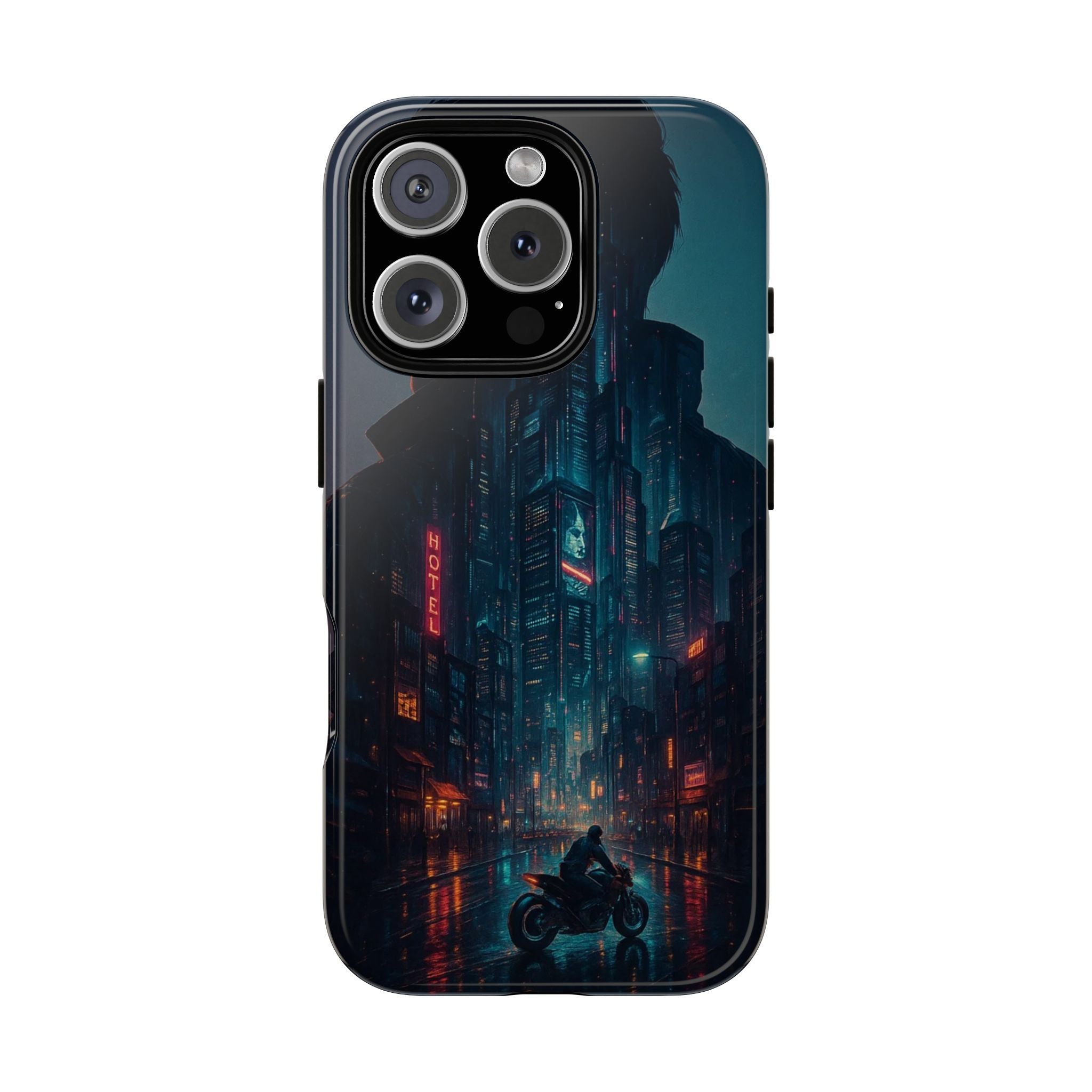 CyberCity Rider Phone Case – Neon Biker in Futuristic City for iPhone, Samsung & Google Pixel | Shockproof & Ultra-Sleek Protection Printify