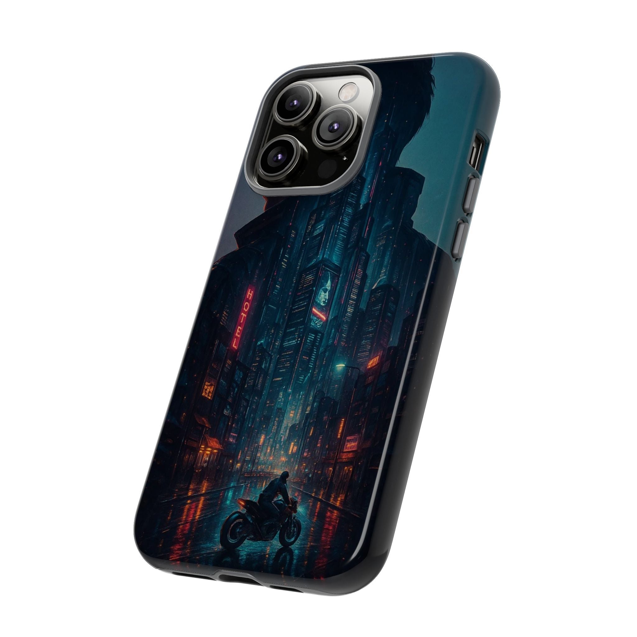 CyberCity Rider Phone Case – Neon Biker in Futuristic City for iPhone, Samsung & Google Pixel | Shockproof & Ultra-Sleek Protection Printify