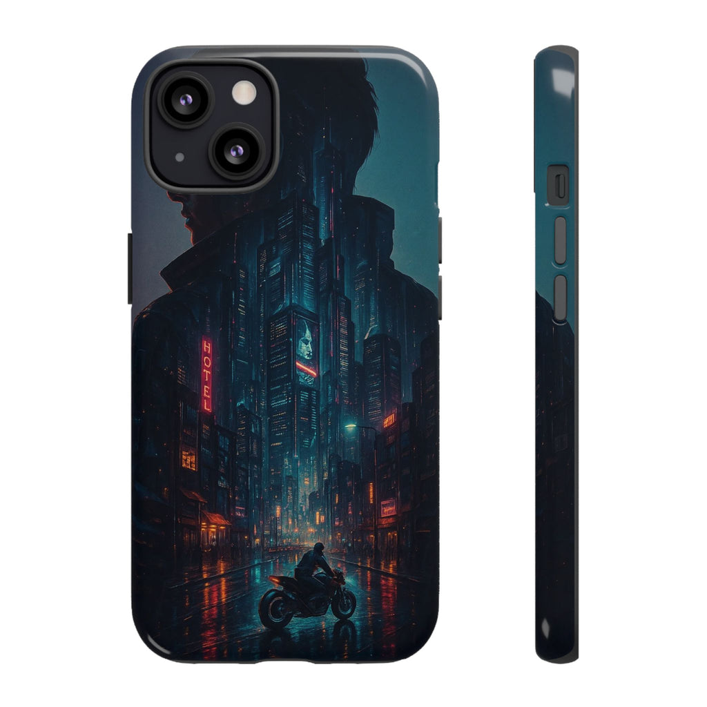 CyberCity Rider Phone Case – Neon Biker in Futuristic City for iPhone, Samsung & Google Pixel | Shockproof & Ultra-Sleek Protection Printify