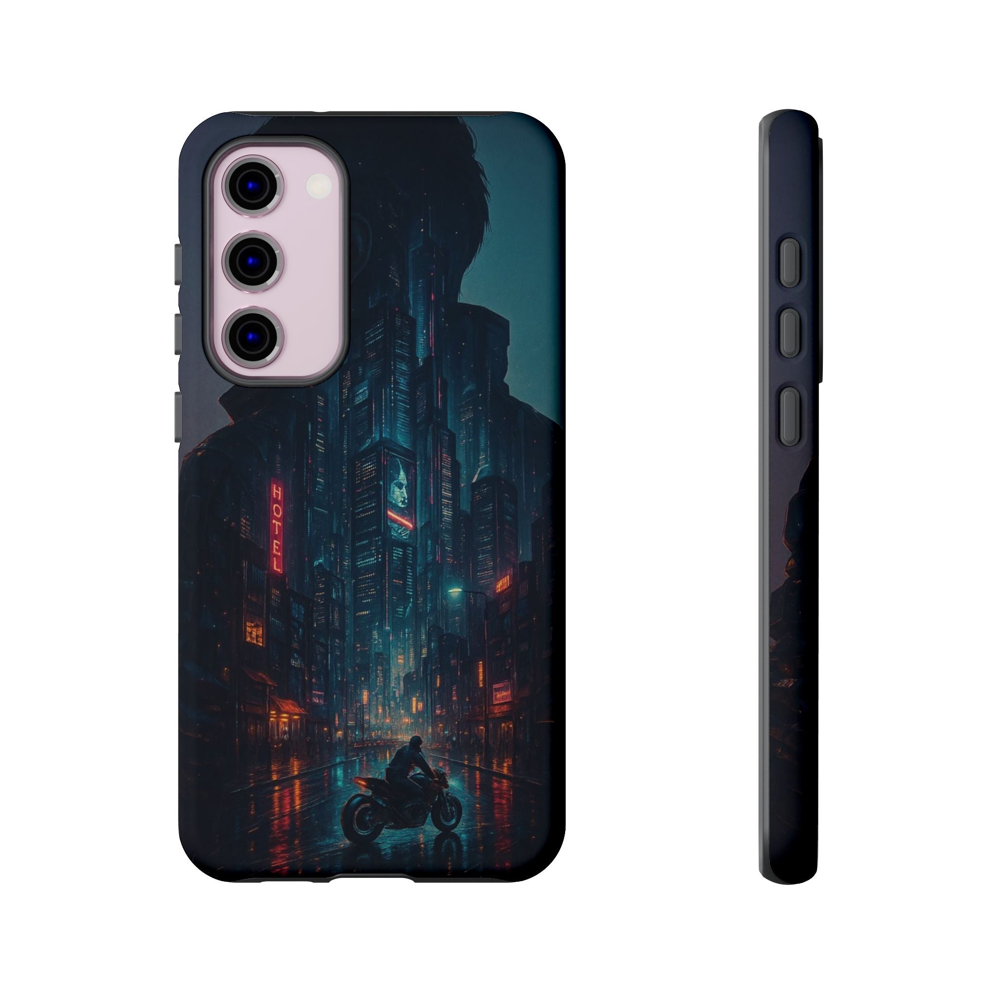 CyberCity Rider Phone Case – Neon Biker in Futuristic City for iPhone, Samsung & Google Pixel | Shockproof & Ultra-Sleek Protection Printify
