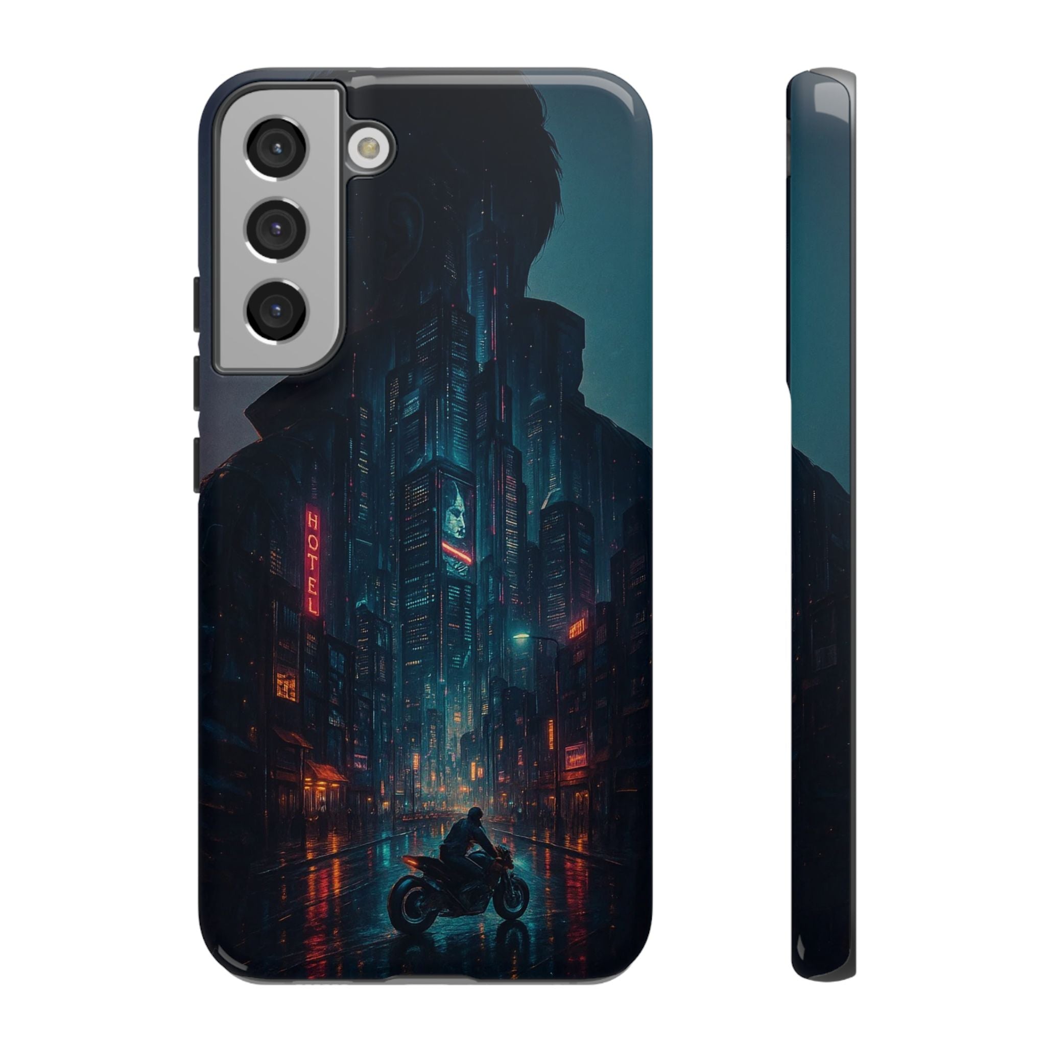CyberCity Rider Phone Case – Neon Biker in Futuristic City for iPhone, Samsung & Google Pixel | Shockproof & Ultra-Sleek Protection Printify
