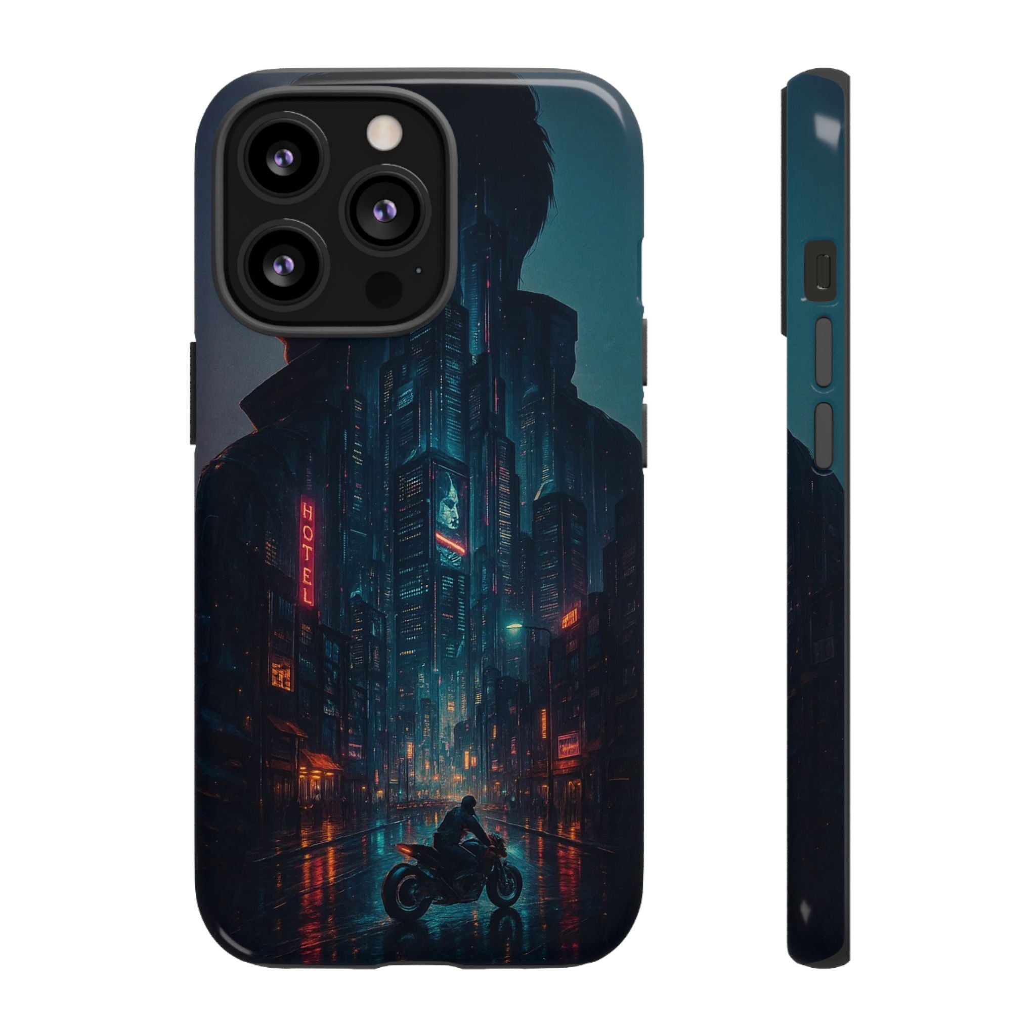CyberCity Rider Phone Case – Neon Biker in Futuristic City for iPhone, Samsung & Google Pixel | Shockproof & Ultra-Sleek Protection Printify