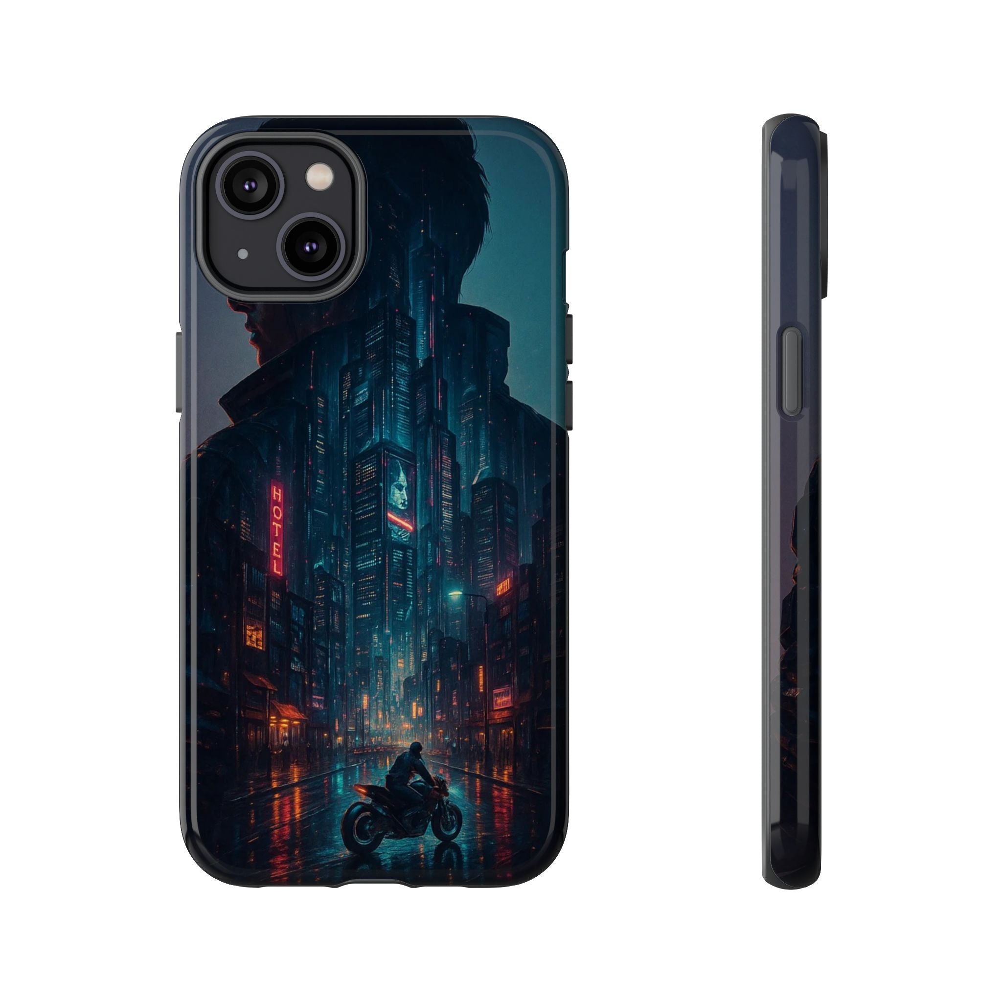 CyberCity Rider Phone Case – Neon Biker in Futuristic City for iPhone, Samsung & Google Pixel | Shockproof & Ultra-Sleek Protection Printify