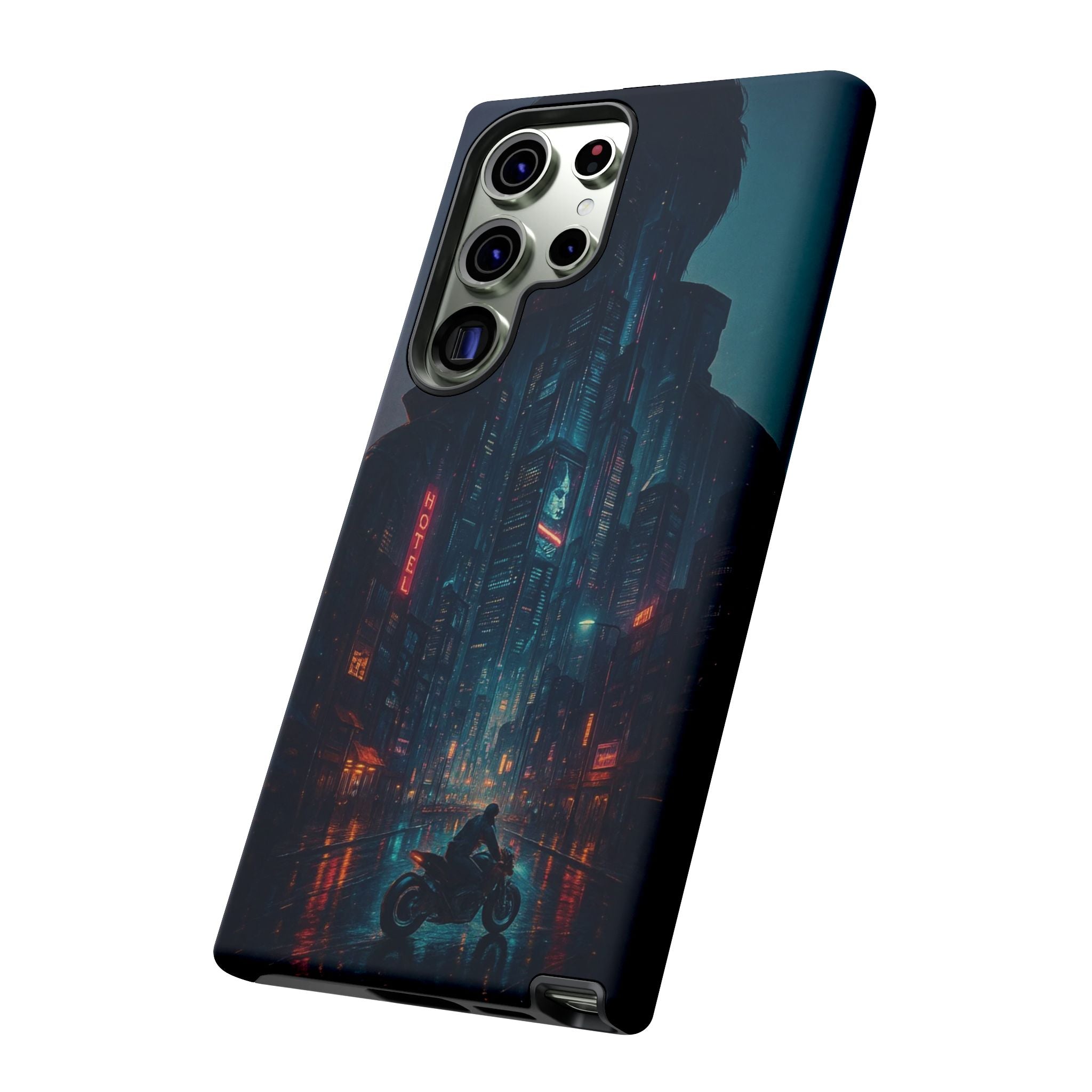 CyberCity Rider Phone Case – Neon Biker in Futuristic City for iPhone, Samsung & Google Pixel | Shockproof & Ultra-Sleek Protection Printify