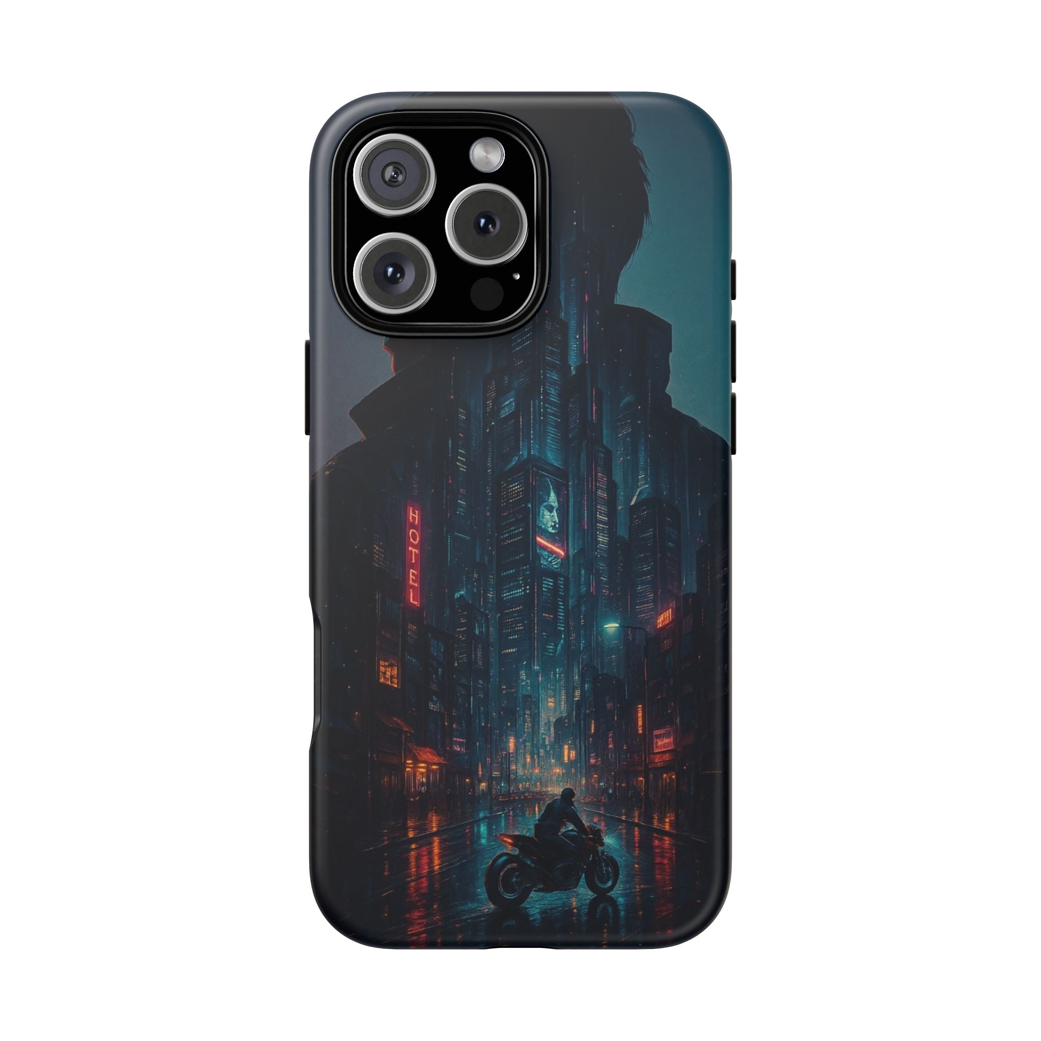 CyberCity Rider Phone Case – Neon Biker in Futuristic City for iPhone, Samsung & Google Pixel | Shockproof & Ultra-Sleek Protection Printify