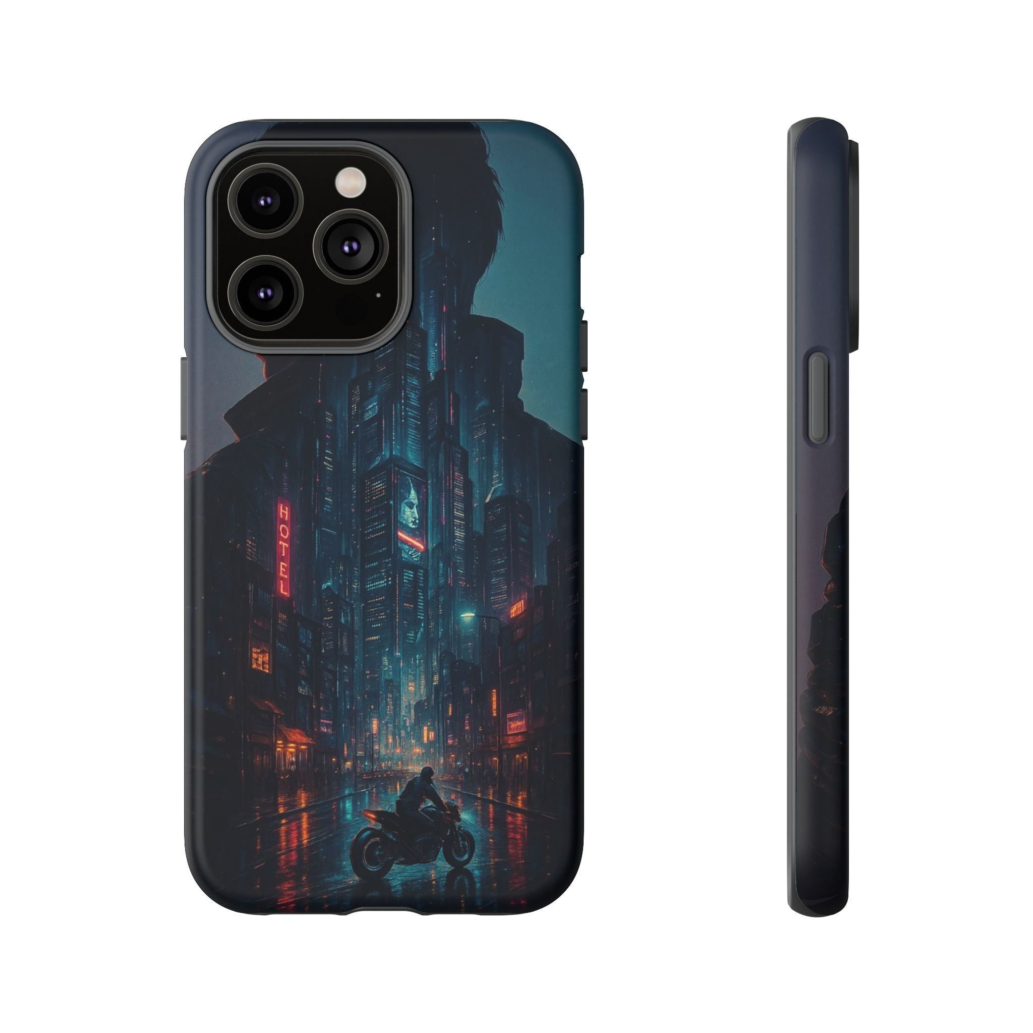 CyberCity Rider Phone Case – Neon Biker in Futuristic City for iPhone, Samsung & Google Pixel | Shockproof & Ultra-Sleek Protection Printify