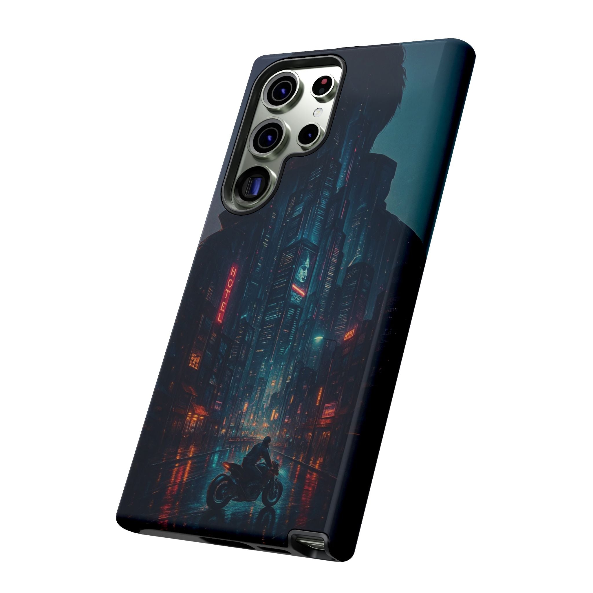 CyberCity Rider Phone Case – Neon Biker in Futuristic City for iPhone, Samsung & Google Pixel | Shockproof & Ultra-Sleek Protection Printify