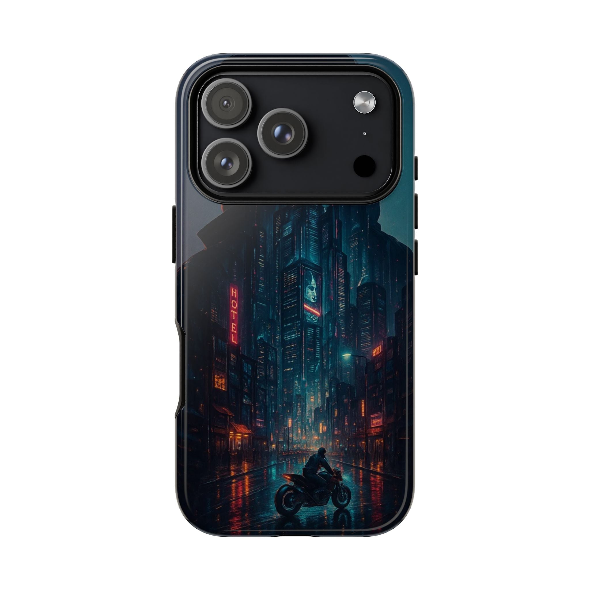 CyberCity Rider Phone Case – Neon Biker in Futuristic City for iPhone, Samsung & Google Pixel | Shockproof & Ultra-Sleek Protection Printify