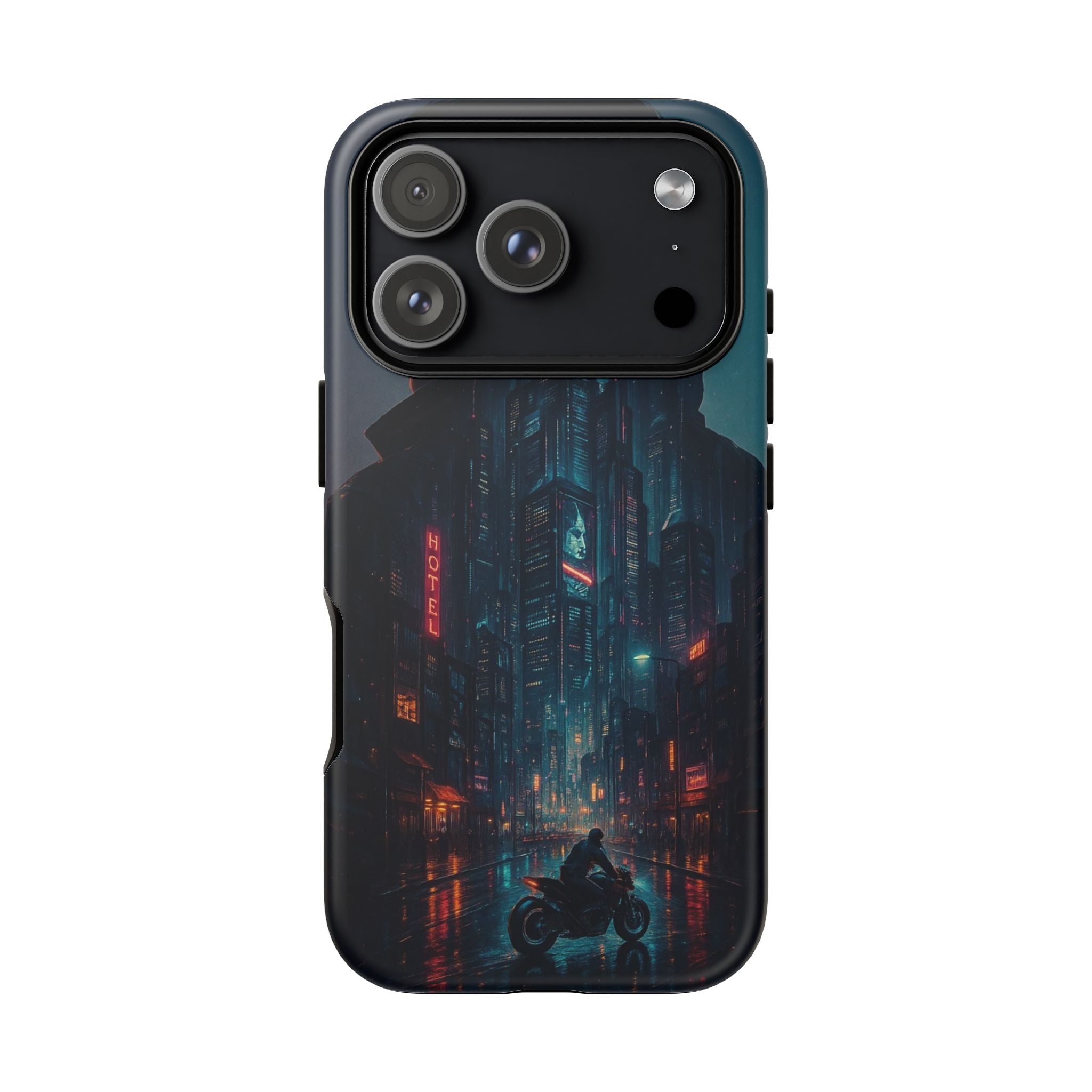 CyberCity Rider Phone Case – Neon Biker in Futuristic City for iPhone, Samsung & Google Pixel | Shockproof & Ultra-Sleek Protection Printify