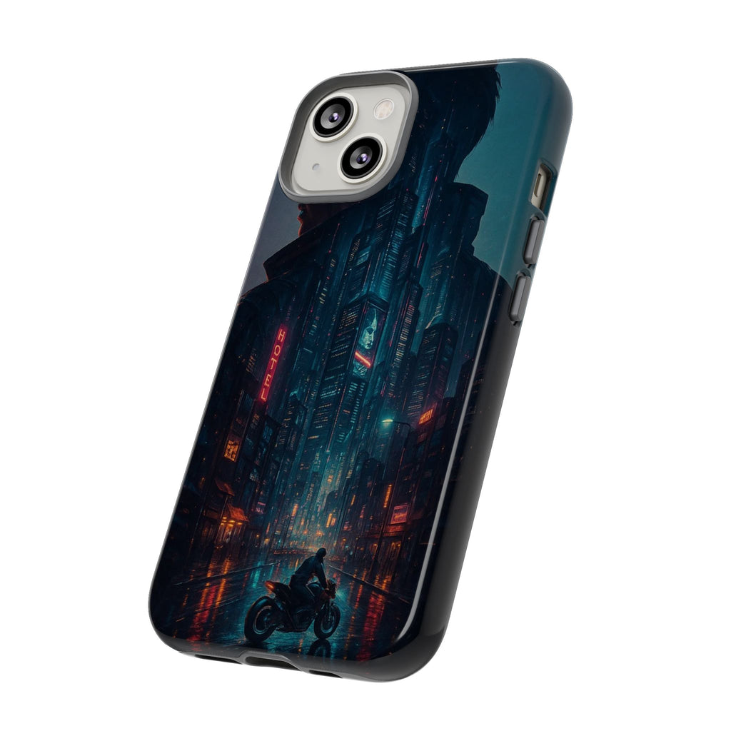 CyberCity Rider Phone Case – Neon Biker in Futuristic City for iPhone, Samsung & Google Pixel | Shockproof & Ultra-Sleek Protection Printify