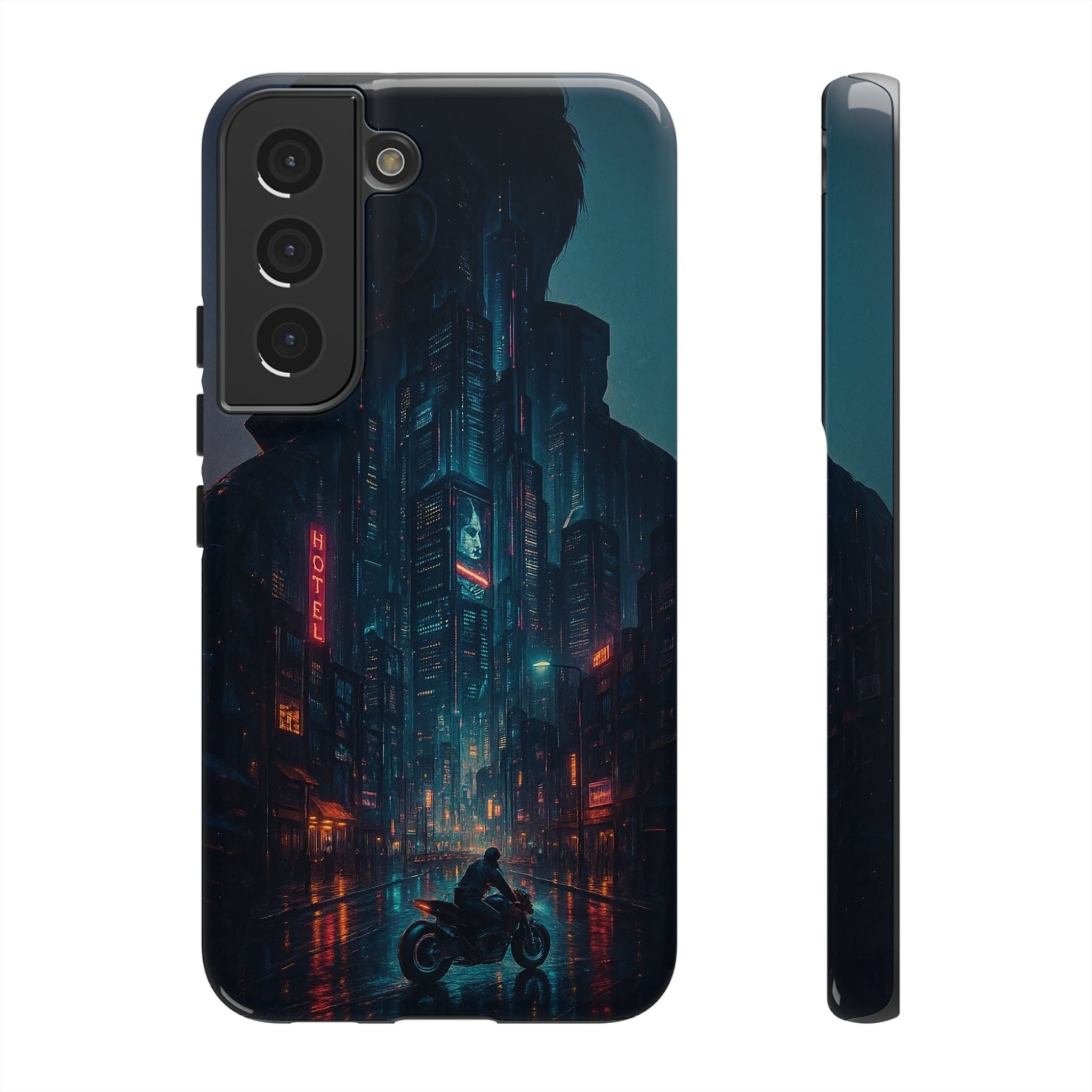 CyberCity Rider Phone Case – Neon Biker in Futuristic City for iPhone, Samsung & Google Pixel | Shockproof & Ultra-Sleek Protection Printify