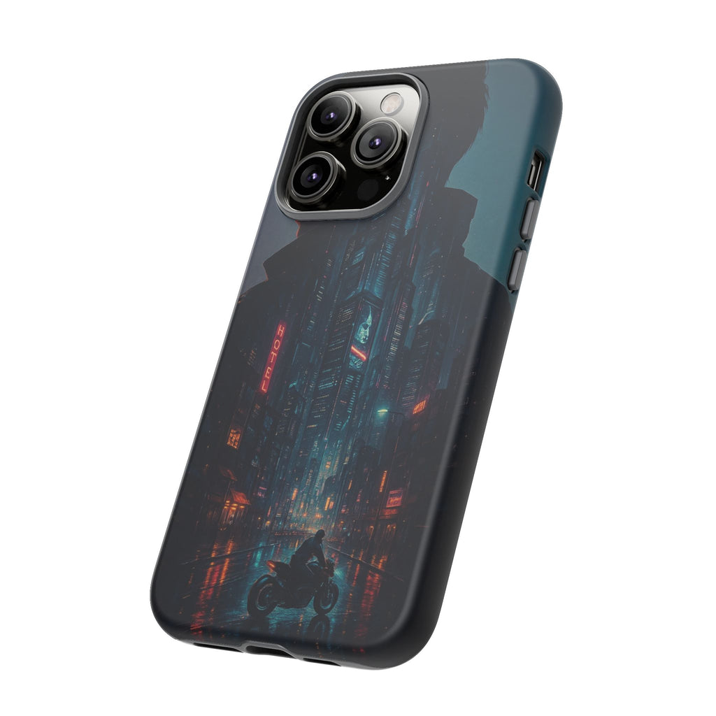 CyberCity Rider Phone Case – Neon Biker in Futuristic City for iPhone, Samsung & Google Pixel | Shockproof & Ultra-Sleek Protection Printify