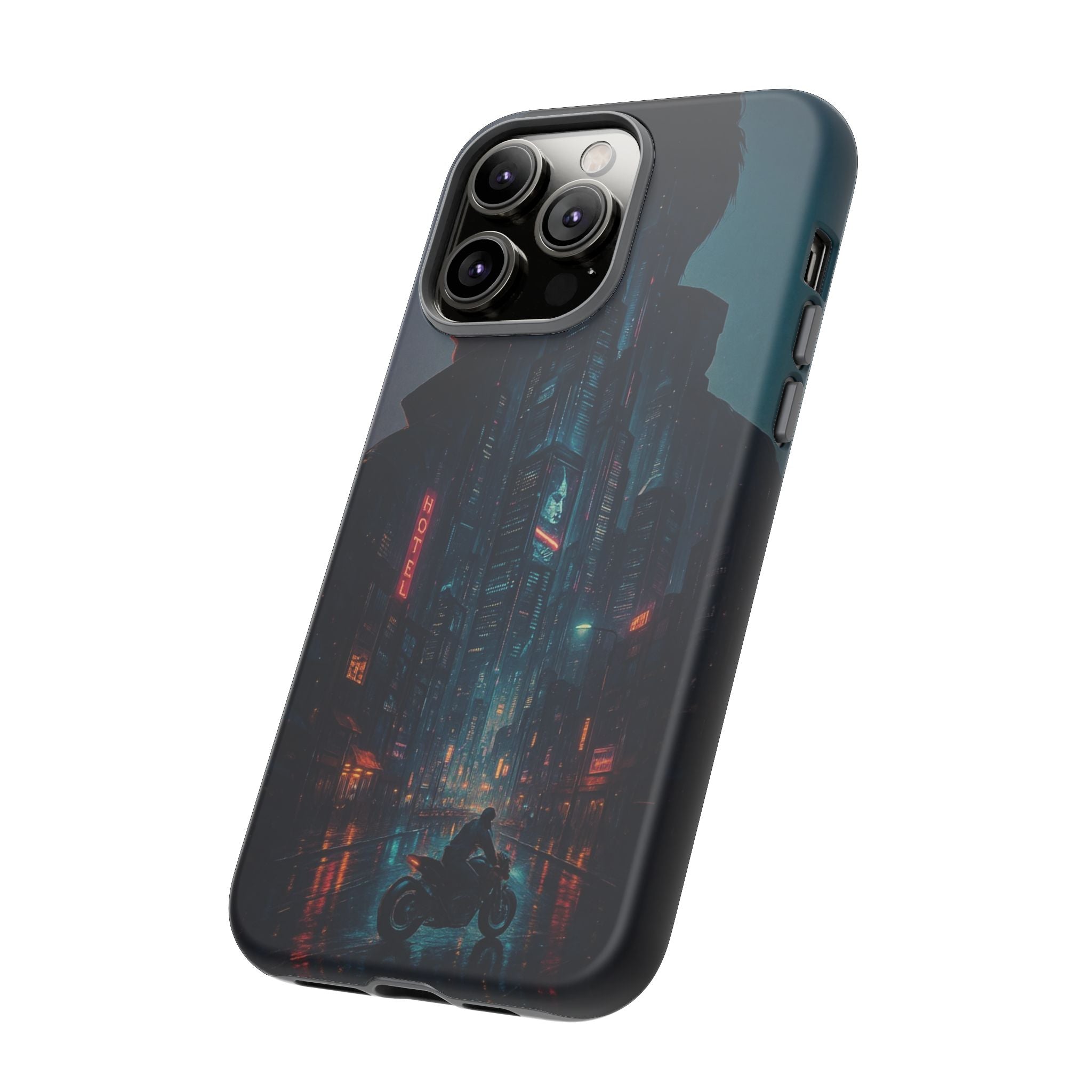 CyberCity Rider Phone Case – Neon Biker in Futuristic City for iPhone, Samsung & Google Pixel | Shockproof & Ultra-Sleek Protection Printify