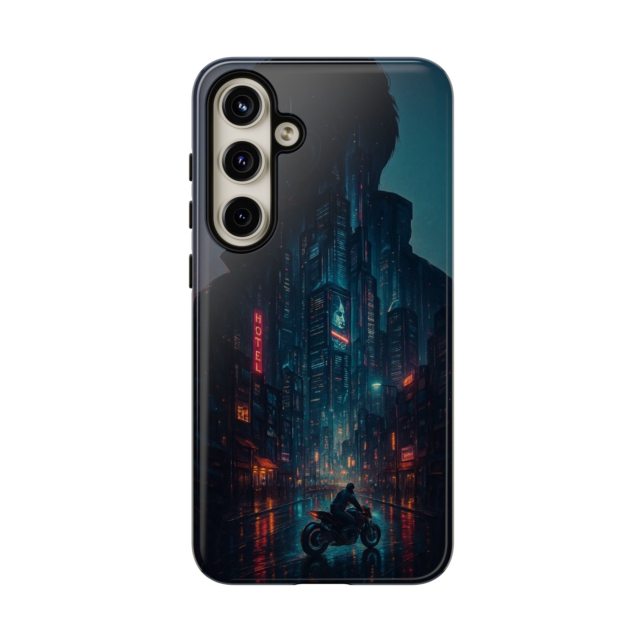 CyberCity Rider Phone Case – Neon Biker in Futuristic City for iPhone, Samsung & Google Pixel | Shockproof & Ultra-Sleek Protection Printify