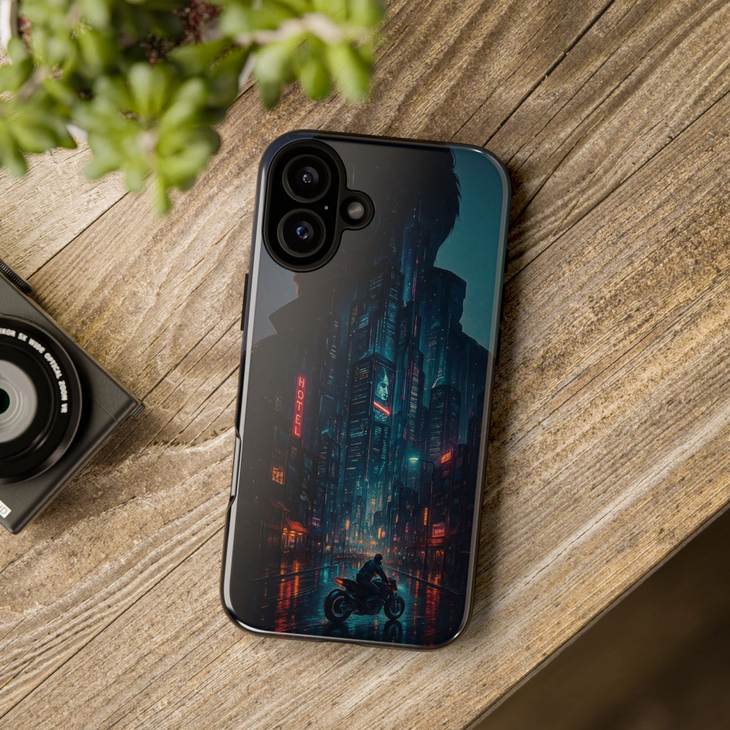 CyberCity Rider Phone Case – Neon Biker in Futuristic City for iPhone, Samsung & Google Pixel | Shockproof & Ultra-Sleek Protection Printify