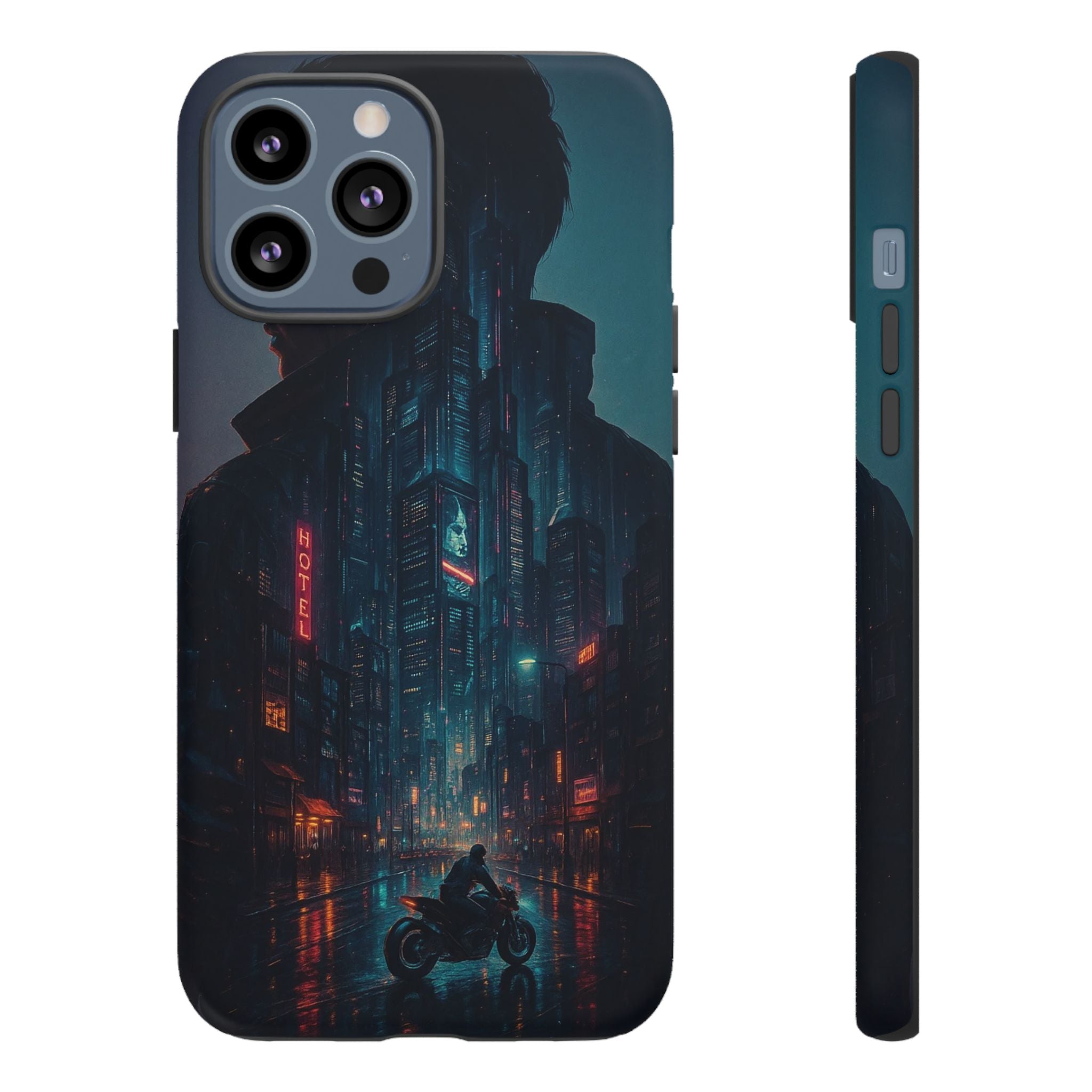 CyberCity Rider Phone Case – Neon Biker in Futuristic City for iPhone, Samsung & Google Pixel | Shockproof & Ultra-Sleek Protection Printify