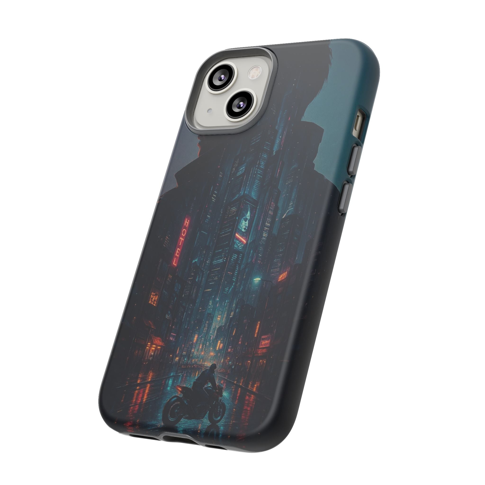 CyberCity Rider Phone Case – Neon Biker in Futuristic City for iPhone, Samsung & Google Pixel | Shockproof & Ultra-Sleek Protection Printify