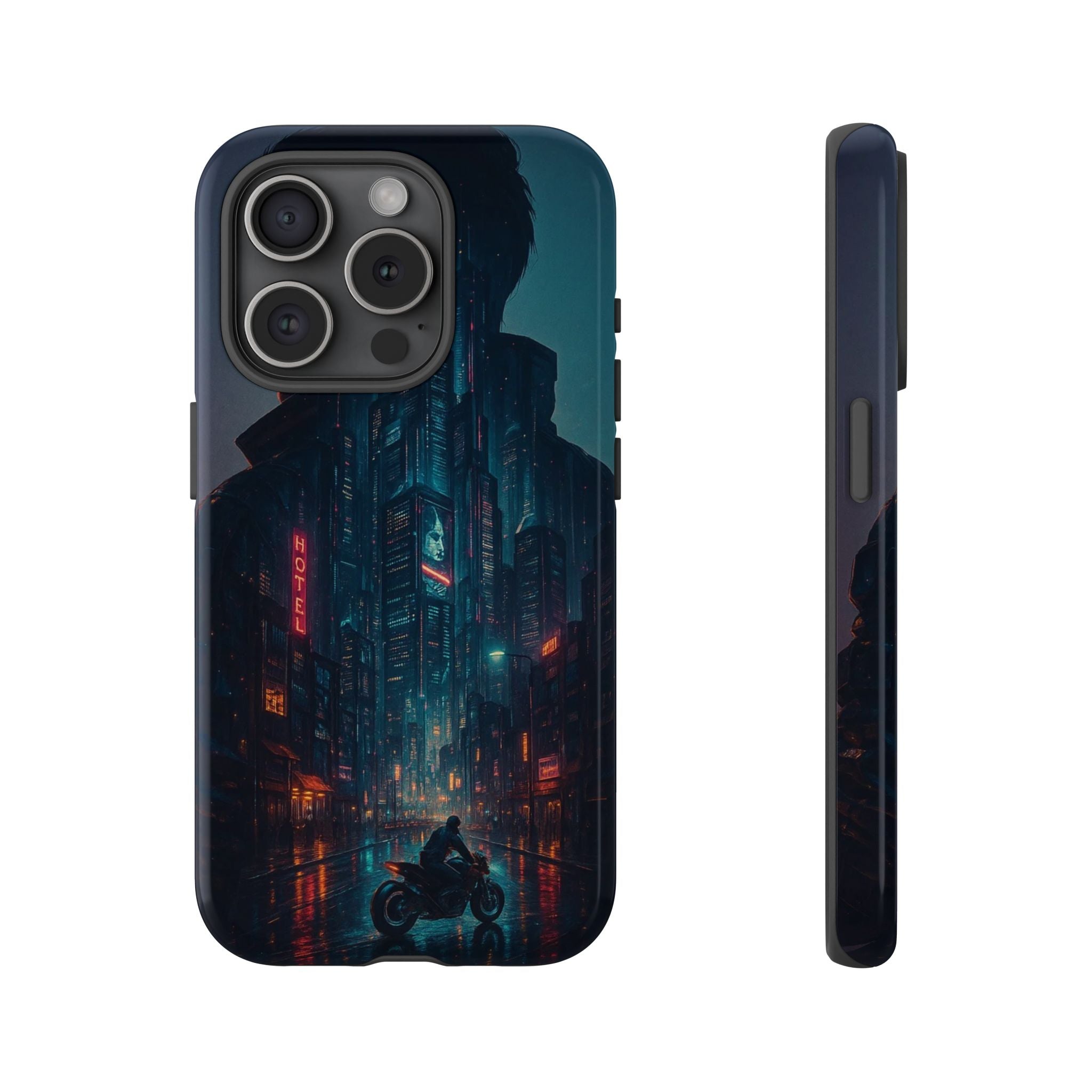 CyberCity Rider Phone Case – Neon Biker in Futuristic City for iPhone, Samsung & Google Pixel | Shockproof & Ultra-Sleek Protection Printify