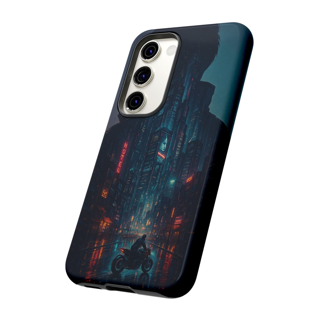 CyberCity Rider Phone Case – Neon Biker in Futuristic City for iPhone, Samsung & Google Pixel | Shockproof & Ultra-Sleek Protection Printify