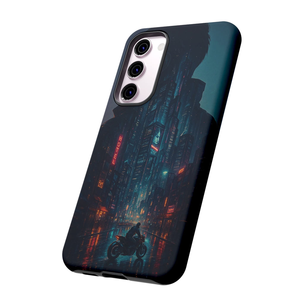 CyberCity Rider Phone Case – Neon Biker in Futuristic City for iPhone, Samsung & Google Pixel | Shockproof & Ultra-Sleek Protection Printify