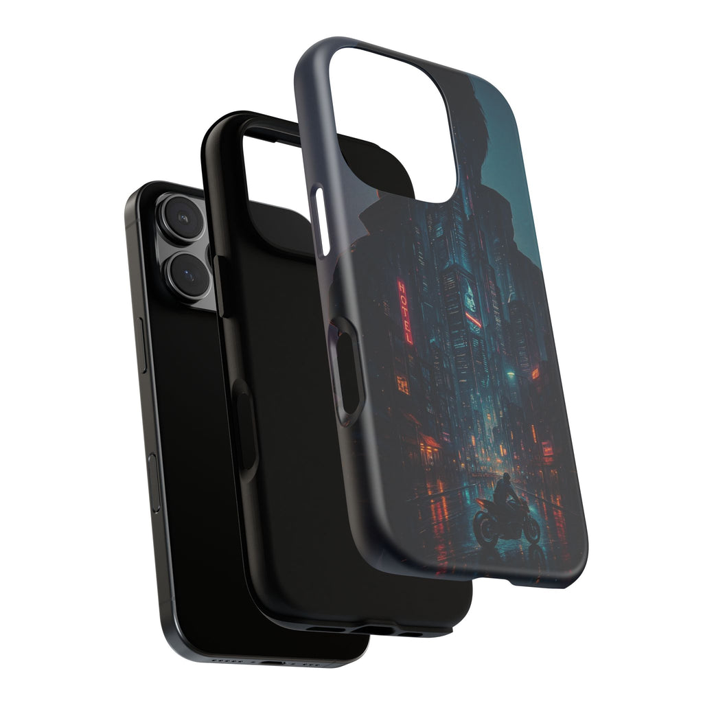 CyberCity Rider Phone Case – Neon Biker in Futuristic City for iPhone, Samsung & Google Pixel | Shockproof & Ultra-Sleek Protection Printify