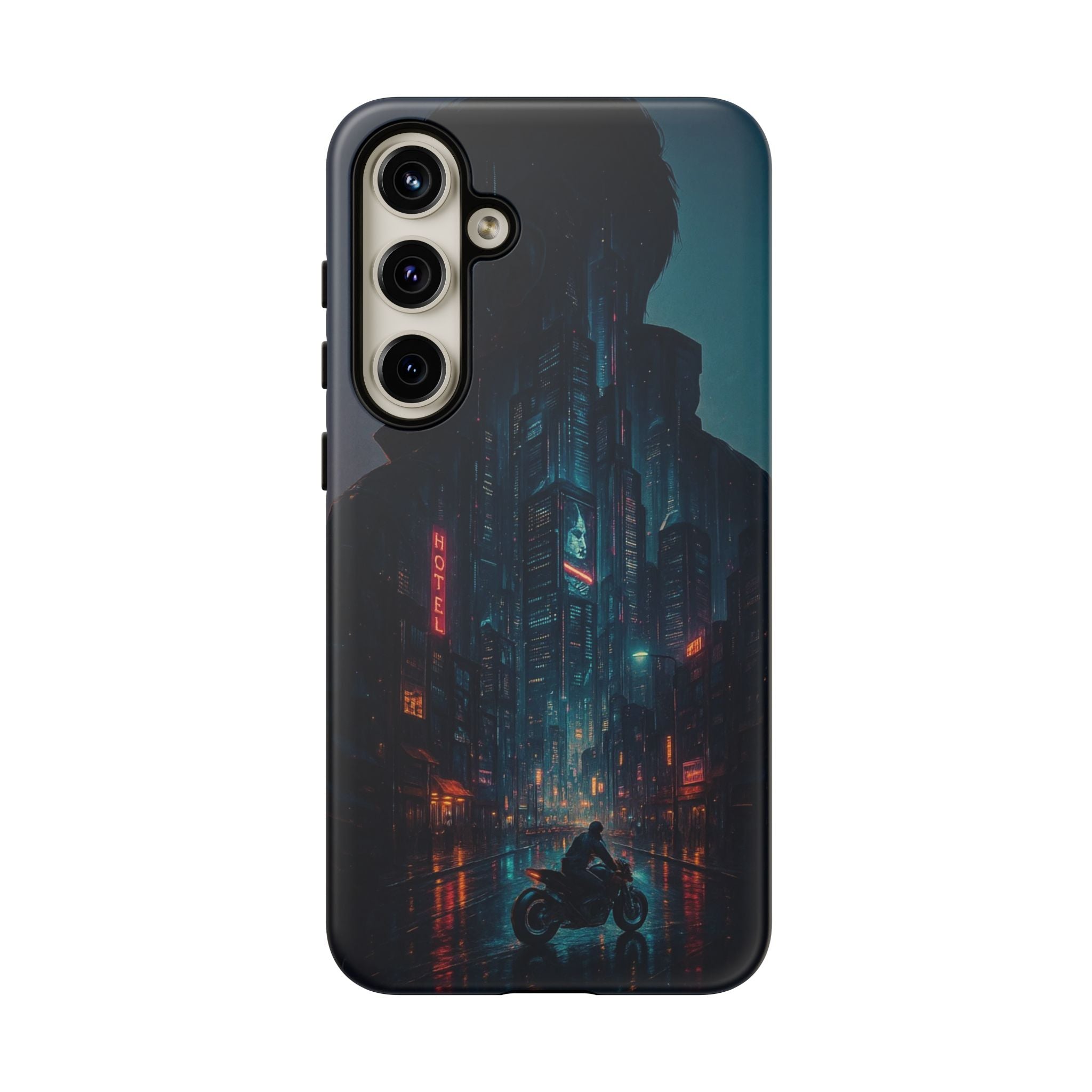 CyberCity Rider Phone Case – Neon Biker in Futuristic City for iPhone, Samsung & Google Pixel | Shockproof & Ultra-Sleek Protection Printify