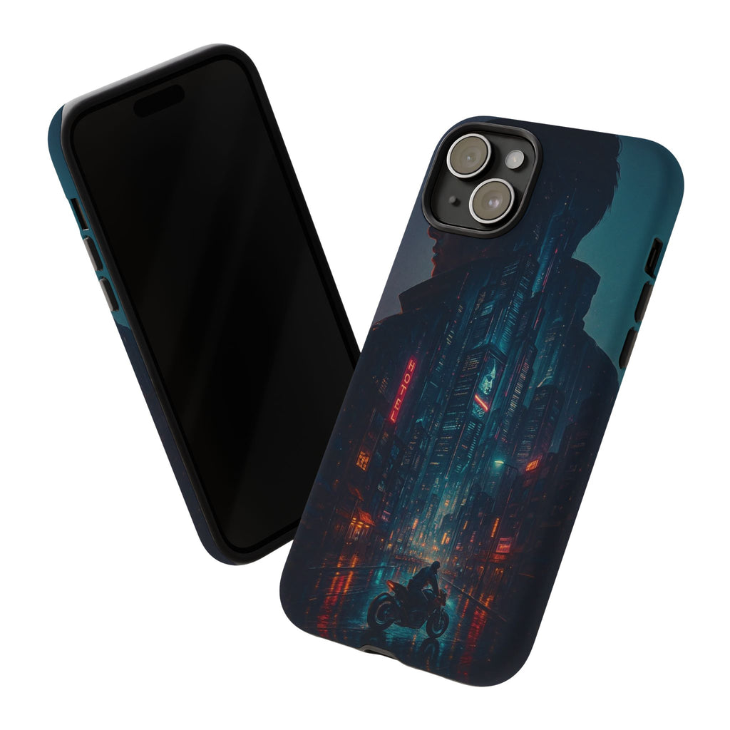 CyberCity Rider Phone Case – Neon Biker in Futuristic City for iPhone, Samsung & Google Pixel | Shockproof & Ultra-Sleek Protection Printify