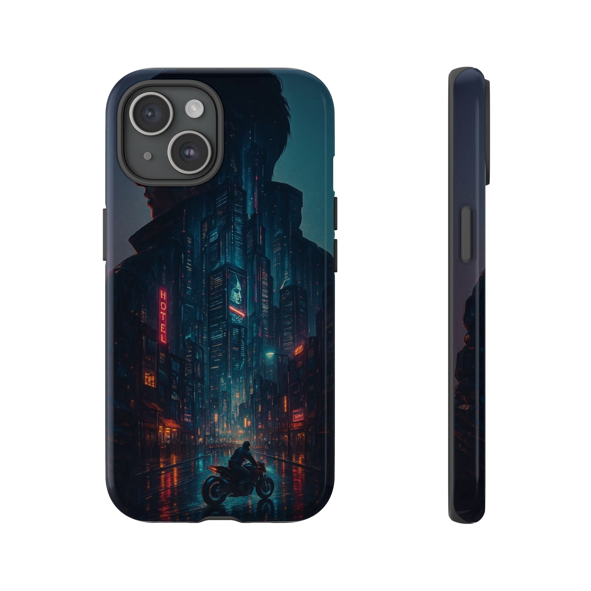 CyberCity Rider Phone Case – Neon Biker in Futuristic City for iPhone, Samsung & Google Pixel | Shockproof & Ultra-Sleek Protection Printify