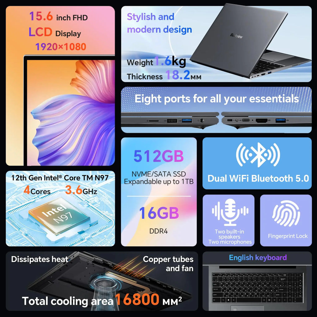 Blackview AceBook 8 Laptop 15.6" 12th Gen Intel Alder Lake N97 16GB RAM 512GB SSD + expansion up to 1TB Windows 11 Home 15.6" Nvxstore